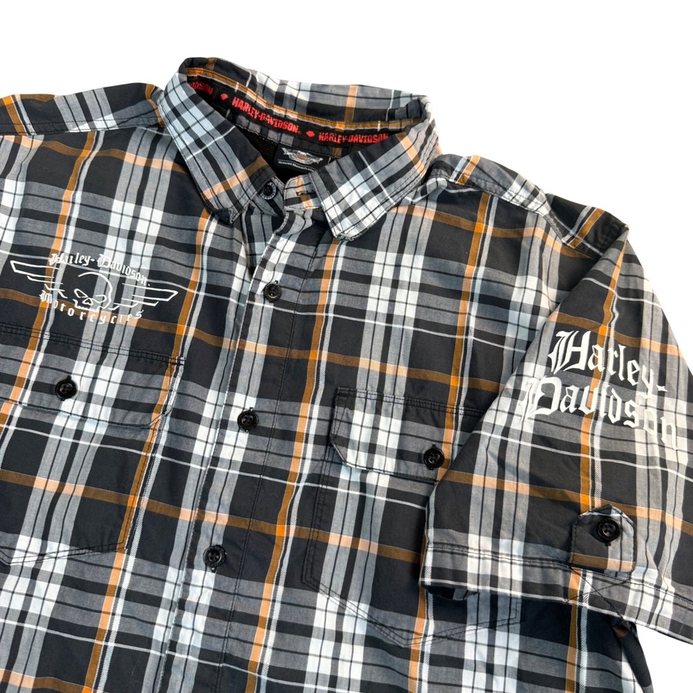 Harley-Davidson 2010s Biker Plaid Shirt Black Orange XL Willie G Skull Moto
